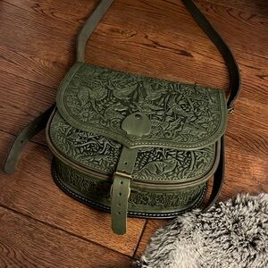 Hand tooled genuine leather satchel cross body forest fairy vibes